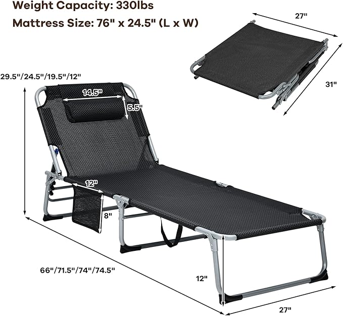 GYMAX Camping Cot 27” Lounge Chair Outdoor w/Mattress Headrest Side Pocket &amp Carry Strap 3 in 1 Folding Layout Tanning Lounger Portable Sleeping Bed for Adults Lawn Beach (2 Black)