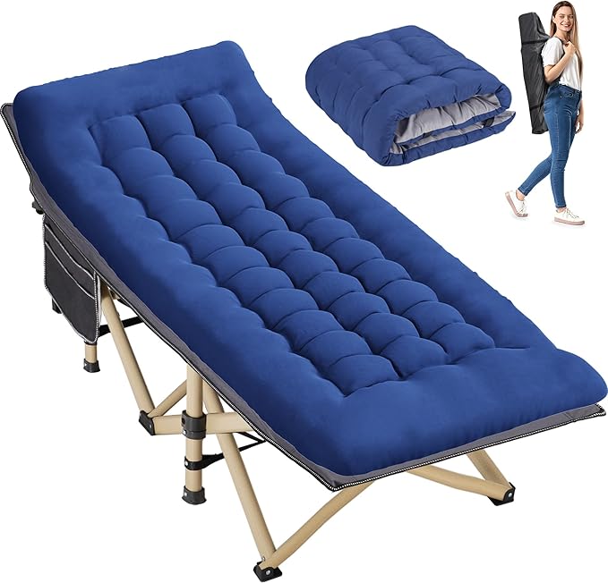 Folding Camping Cot for Sleeping Portable Cots for Adults Heavy Duty Cot Bed 550LBS(Max Load) Extra Wider Cots with Large Pocket for Outdoor Office Beach