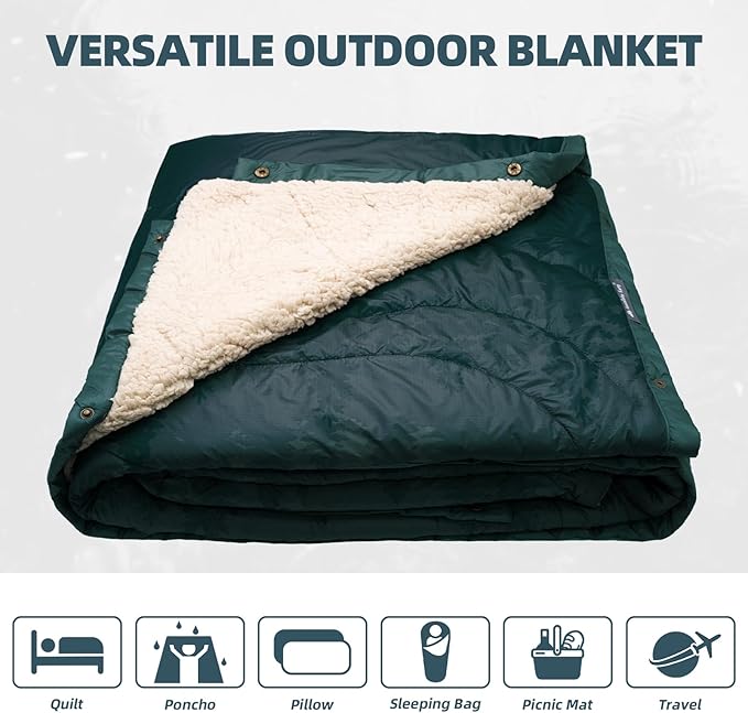 Outdoor Camping Blanket with Sherpa Lining Extra Warm Thick Camp Blankets and Puffy Ultralight Soft Poncho DWR Camping Quilt for Cold Weather Adventure Sleeping Backpacking 78x 56