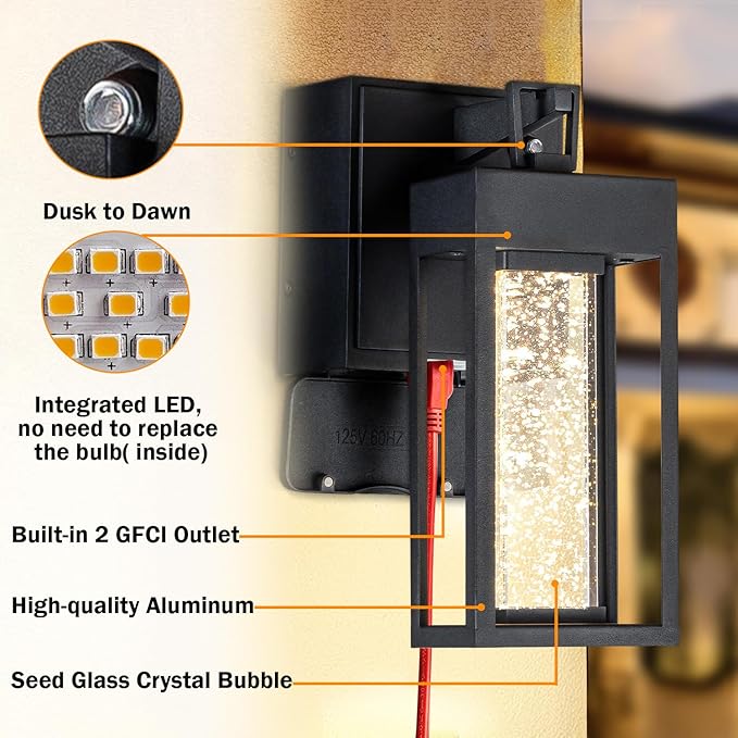 ALOADECOR 1 Light LED Modern Matte Black Dusk to Dawn Sensor Outdoor Wall Lantern Coach Sconces with Seed Glass and Built-in 2 GFCI Outlets Exterior Wall Mount Light for Garden Patio Front Door