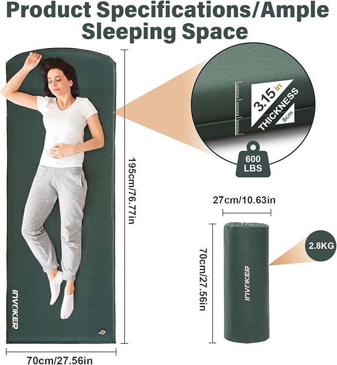 3.15 Self Inflating Camping Sleeping Pad Ultra-Thick Elasticity Foam Fast Inflating 4-Season Insulated Durable Camping Mat Air Mattress with Pillow for Tent Car Camping Traveling Green