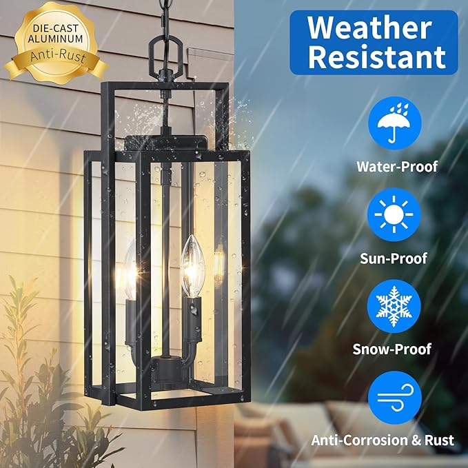 17.8'' Large Outdoor Pendant Light 2-Light Modern Black Metal Outside Chandelier Exterior Hanging Fixture Ceiling Mount with Clear Glass for Front Porch Entrance Entryway 1 Pack