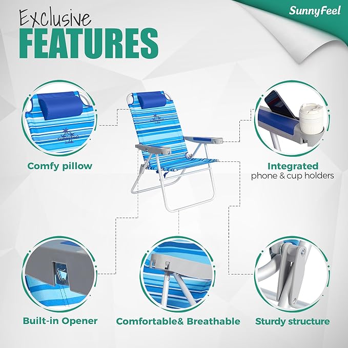 SUNNYFEEL Tall Folding Beach Chair Lightweight Portable Sand Chair for Adults Heavy Duty 500 LBS with Cup Holders Foldable High Camping Lawn Chairs for Camp/Outdoor/Picnic/Concert/Sports