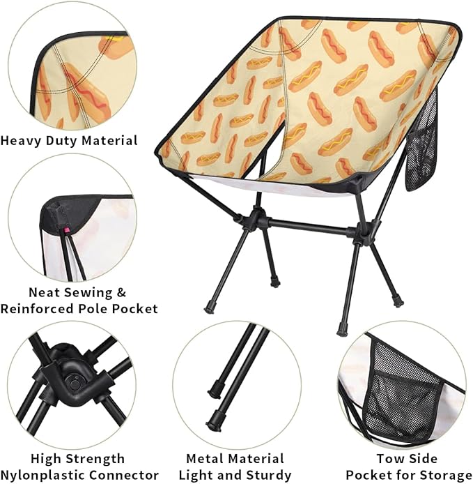 Cheese Hot Dog Camping Chairs for Adults Ultralight Folding Chairs Outside Portable Camp Backpacking Chair with Side Pocket Storage Bag Compact Beach Chairs for Hiking Fishing