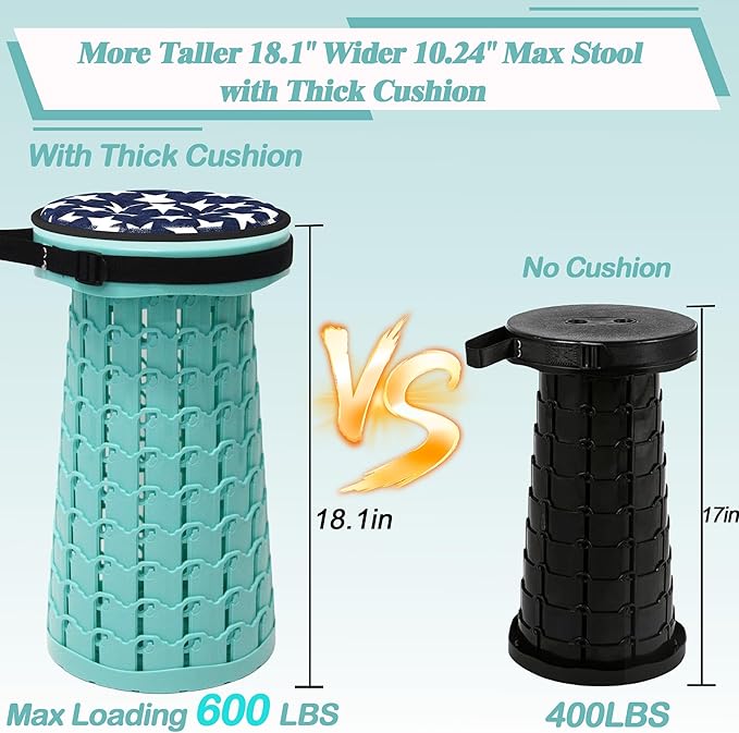 ALEVMOOM Upgraded Collapsible Stool with Thickened Cushion 18.1600Lbs Max Weight Wider &amp Taller Pop Up Stool Heavy Duty Portable Retractable Folding Chair or Travel Foot Rest for Camping Outdoo