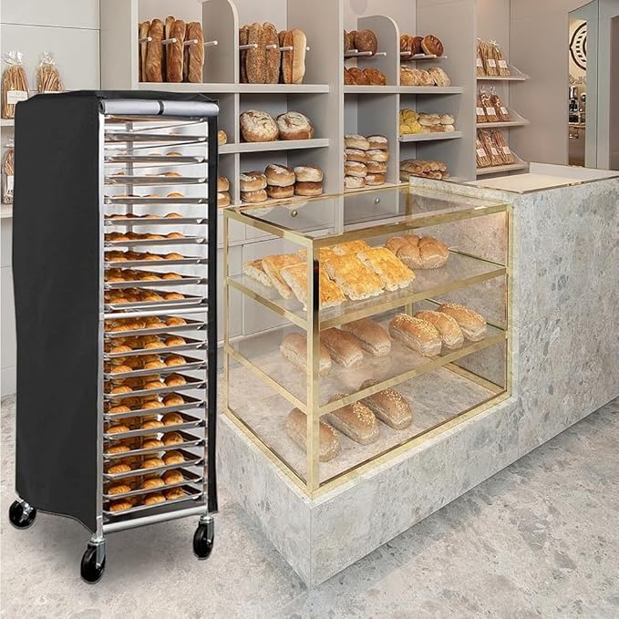 420D Waterproof and Dustproof Bun Rack Cover with PVC Window for 59x72x163cm Commercial Bakery Pan Rack Black Polyester Fabric Outdoor Protection