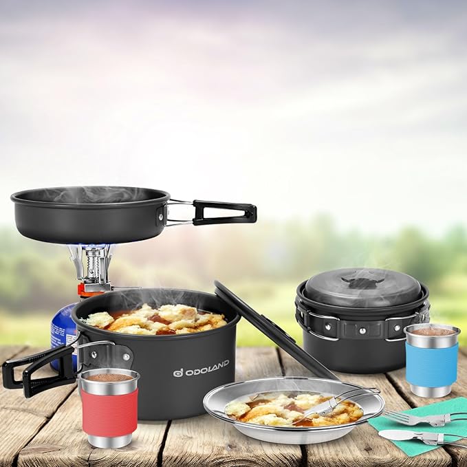 Odoland 16pcs Camping Cookware Mess Kit with Folding Camping Stove Non-Stick Lightweight Pots Pan Set with Stainless Steel Cups Plates Forks Knives Spoons for Camping Backpacking Outdoor Cooking