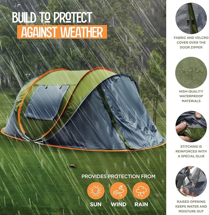 4 Person Pop Up Tent for Camping - Lightweight &amp Portable Easy Quick Set-Up 2 Doors Lantern Hook Storage Pockets Carry Bag for Outdoor Hiking Travel