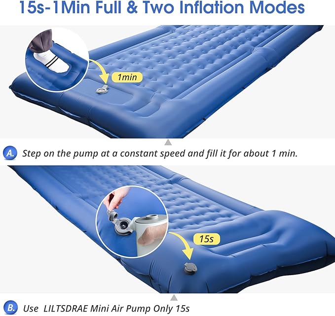 Camping Sleeping PadsExtra Thick 5 Inch Inflatable Sleeping Mat with Pillow Built-in PumpOversized Mattress Super Portable Backpacking Sleeping Pad (Blue Single)