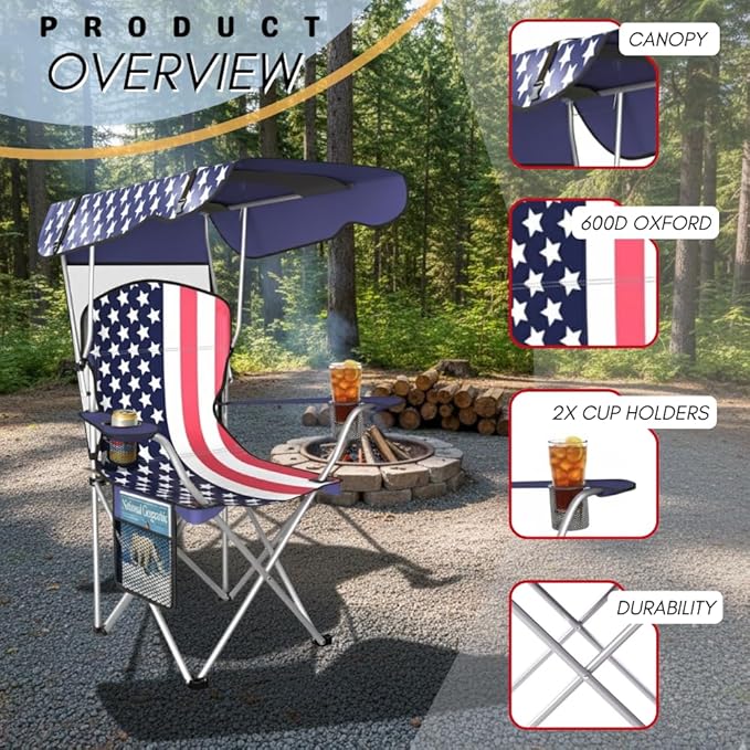 Portable Folding Camping Chairs with Canopy Shade Beach Chair for Adults Durable Weather Resistant 600D Oxford Cloth Camping Chair with Canopy for Outdoors [Flag-2 Pack]