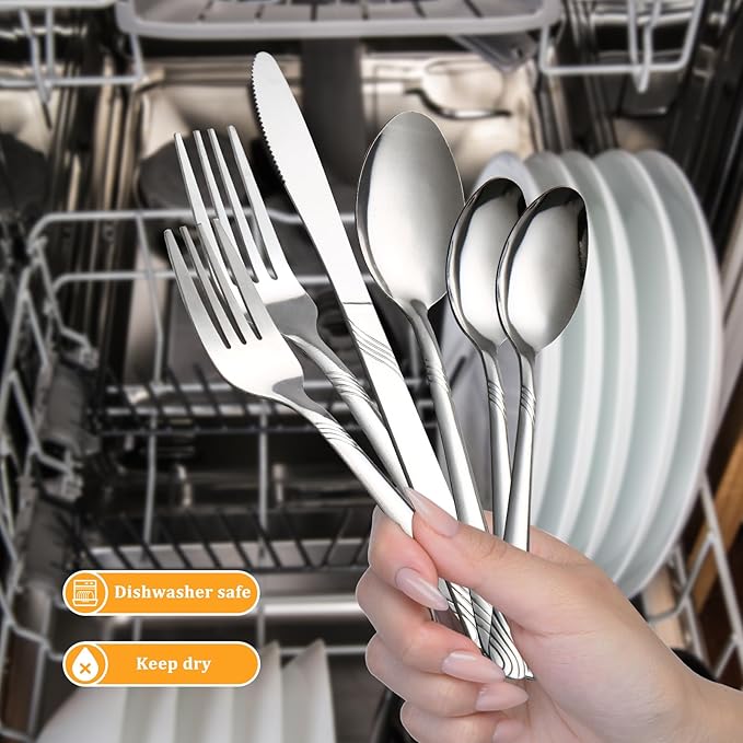 48pcs Silverware set Stainless Steel Tableware Set service for 8 Durable Modern Flatware Set Perfect for Weddings Birthday Parties &amp Everyday Use Holiday Gifts Dishwasher safe (Silver)