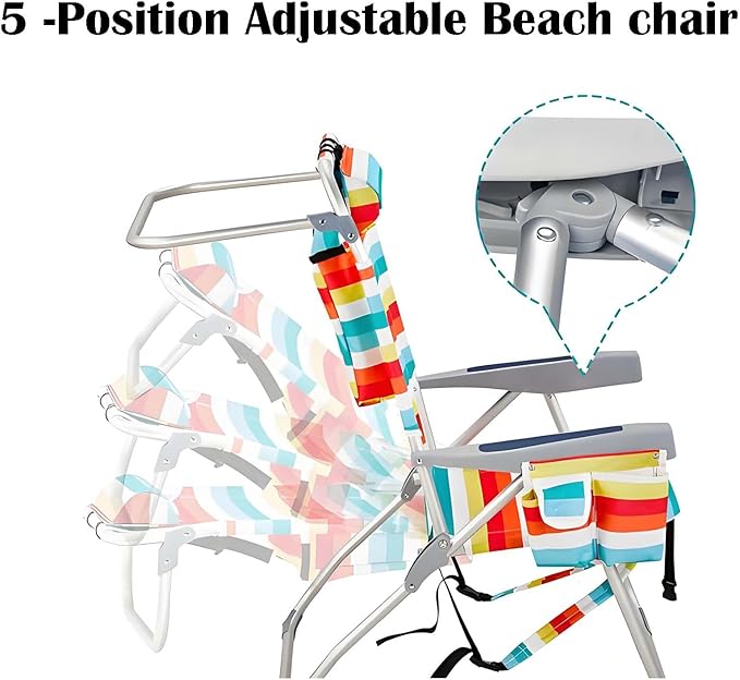 Beach Chairs for Adults with 5 Positions Folding Backpack Beach Chair with Headrest Cup Holder Towel Rack &amp Armrests Lightweight Camping Chairs for Lawn Concert Garden Picnic Rainbow Strip
