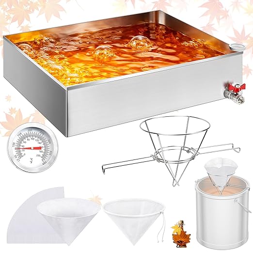 36 x 24 x 6 Inch Maple Syrup Evaporator Pan 22.5 GAL with 10” Cone Filter Holder Stand 10 Cone Filter Paper a Thermometer Stainless Steel Maple Syrup Pan Boiling for Home Outdoor(1-tier)