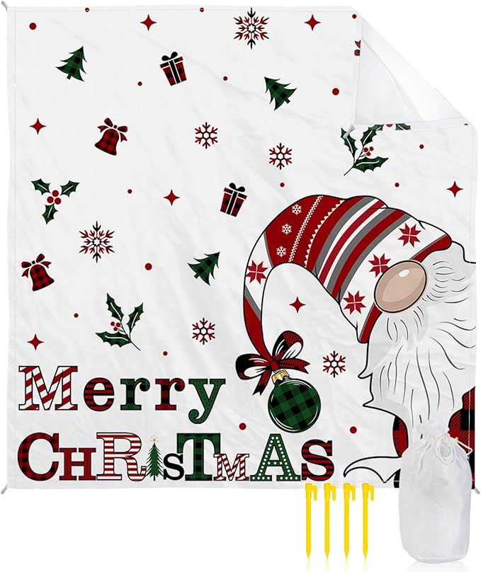 Beach Blanket Waterproof Sandproof Christmas Gnome Winter Snowflakes Quick Drying Beach Mat with 4 Stakes Holly Berries Bell White Back Lightweight Picnic Blanket for Travel Camping 108x84