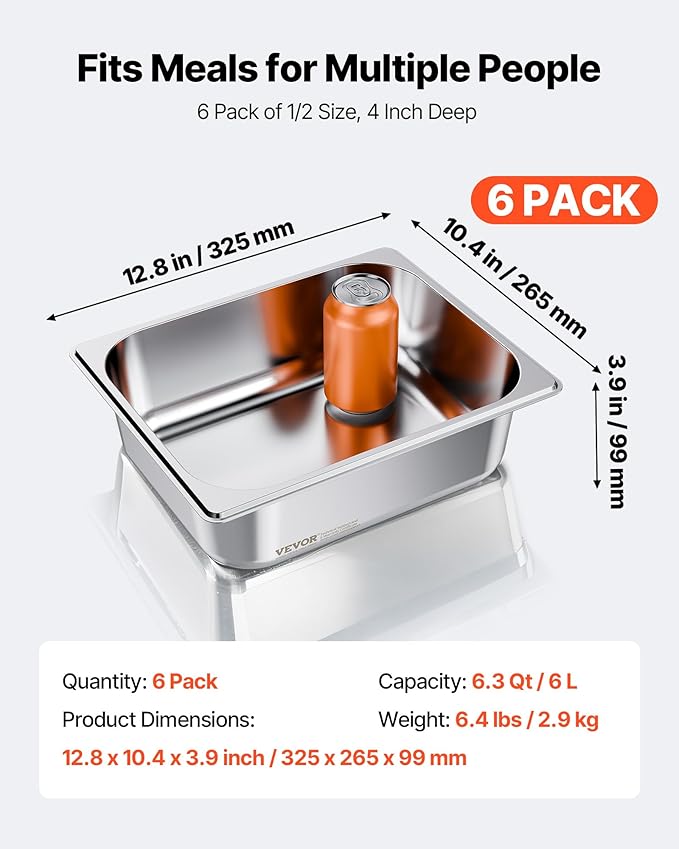 VEVOR 6 Pack Stainless Steam Hotel Pans 1/2 Size Table Steam Pan 4 Inch Deep Anti Jam Restaurant Supplies Reusable Rustproof Catering Storage for Home Party Restaurant Hotel Buffet