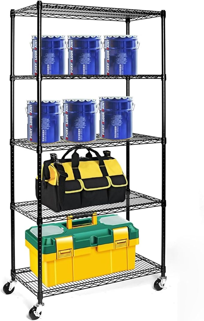 5-Tier Commercial Shelving Unit 800 lb Capacity Steel Wire Shelves with Locking Wheels Adjustable Heavy-Duty Utility Rack for Kitchen Pantry Garage – Black