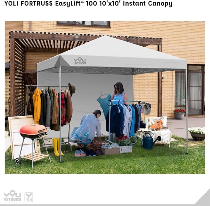 YOLI FORTRUSS EasyLift 10’x10’ Pop Up Instant Canopy with Reinforced Y-Truss Frame 99% UV Protection Water Resistant &amp Fire-Retardant Top 4 Height Settings with Sidewall and Wheeled Carry Bag