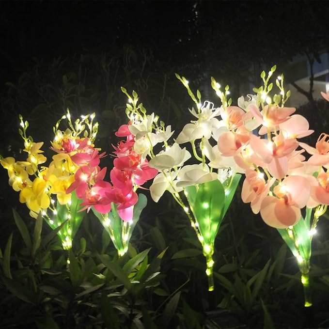Solar Flower Lights 2 Pack Solar Flowers with Pink &amp White Orchids Solar Outdoor Lights Waterproof Solar Garden Lights for Yard Patio Pathway Lawn Flowerbed Grave Cemetery Decor