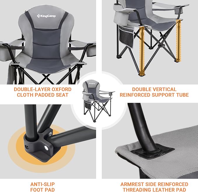 KingCamp Oversized Camping Folding Chair with Lumbar Support Heavy Duty Ergonomic Padded Arm Chair with Cooler Bag Cup Holder Portable for Outdoor