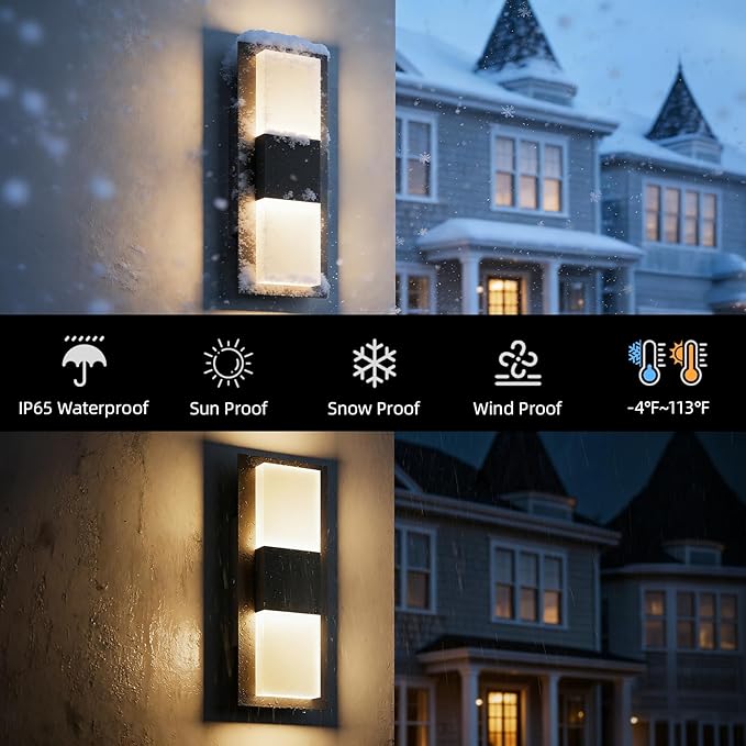 12.4 inches Outdoor Led Wall Light 30W 3000K Hardwired Porch &amp Patio Aluminum Sconces with Frosted Acrylic LampshadeIP65 Waterproof Exterior Wall Lamp for GarageFront Door(Black2Pack)