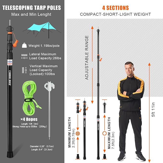 CAMULAND Tarp Poles Set of 2 31.1 - 90.6” Aluminum Tent Poles for Tarp Adjustable Lightweight Portable Telescoping for Camping Hiking Hammock Awning/Outdoor Activities-4 Section
