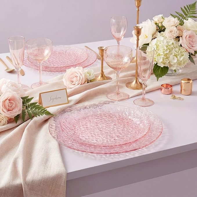 Rubtlamp 60PCS Pink Plastic Plates Disposable Pink Easter Plates with Hammered Design Heavy Duty Plastic Platos Fancy Party Platos Include 30 Dessert Plate &amp 30 Dinner Plate for Bridal Wedding