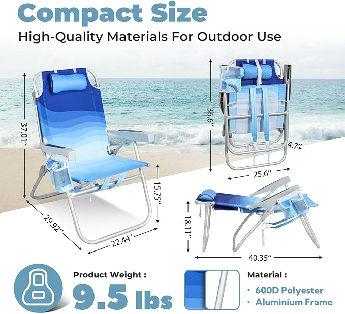 Tall Beach Chairs for Adults – 5-Position Reclining Backpack Chair with Large Insulated Cooler &amp Storage Pocket Aluminum Frame Portable for Travel &amp Outdoor Supports 300lbs Wave Blue