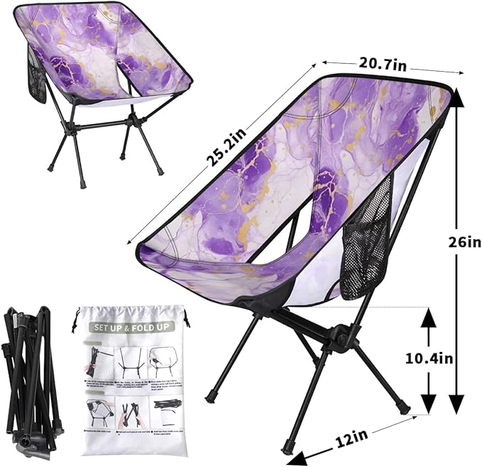 Pardick Portable Camping Chair Purple Gold Marble Ultralight Folding Camping Chair Fantastic Marble Backpacking Hiking Chair with Cup Holder for Outdoor Travel Beach Picnic Festival 176 lbs Capacity