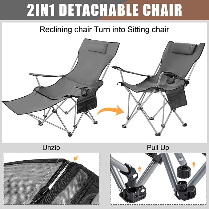 2 Set Reclining Camping Chair with Umbrella Clamp Adjustable Beach Chair with Foot Rest SPF 50+ Folding Shade Camping Lounger Recliner for Adult Outdoor(Grey WhiteOxford)
