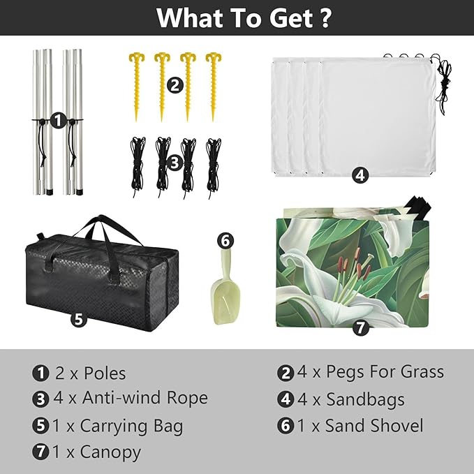 White Lilies Beach Tent Sun Shelter 9.2' x 10.5' Beach Canopy with 4 Sandbags 4 Stability Poles Sand Shovels - Tent Canopy for Beach Camping Fishing Picnics