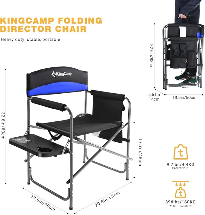 KingCamp Portable Camping Chair Folding Directors Chair Compact Outdoor Chair with Side Table Cup Holder for Beach Trip Tailgating Lawn Sports Backpacking Fishing Picnic Blue