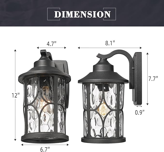 zeyu Modern Outdoor Wall Lights 12 Inch Exterior Wall Lantern Cast Aluminum with Water Ripple Glass Black Finish ZX48BWG BK