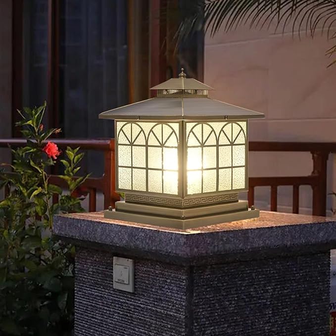 All Copper Steel Glass Outdoor Post Lights Waterproof Pillar Light Vintage Patio Lawn Column LampOutdoor Column LightsDeck Lights Lantern Fence Lamp Fixture E26 Base (Arch Glass 12X12IN)