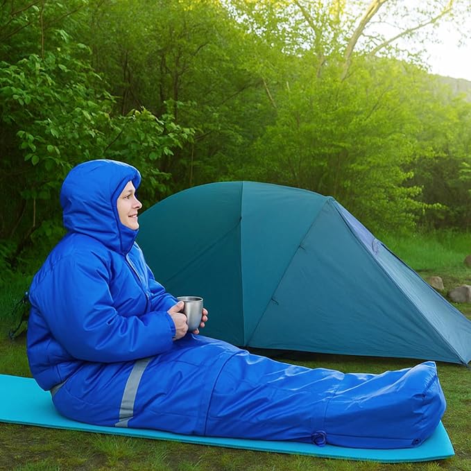 Macarrie Wearable Sleeping Bag with Dual HoodieLongsleevesPockets and Adjustable DrawstringIdeal for Camping Cold Weather Hiking BlanketShelter