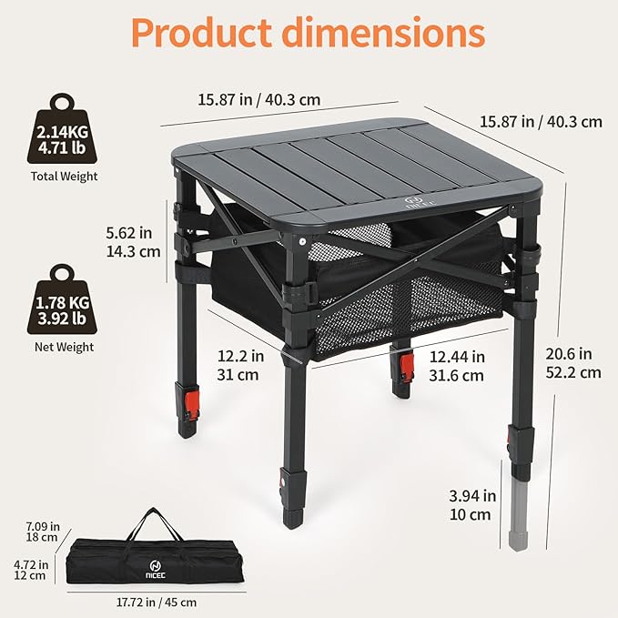 Nice C Aluminum Square Table Adjustable Height Folding Camping Table Lightweight Collapsible Table with Roll-up Tabletop Carry Bag for Outdoor Camping Picnic backyards BBQ (16'' Small)