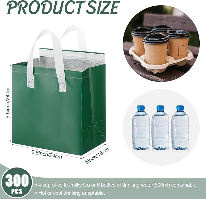 300 Pack Insulated Bags Bulk for Food Delivery 9.5 x 9.5 x 6 Thermal Take Away Bag for Hot Cold Food Coffee Milk Pizza Seafood Disposable Grocery Bag for Catering Restaurant(Dark Green)