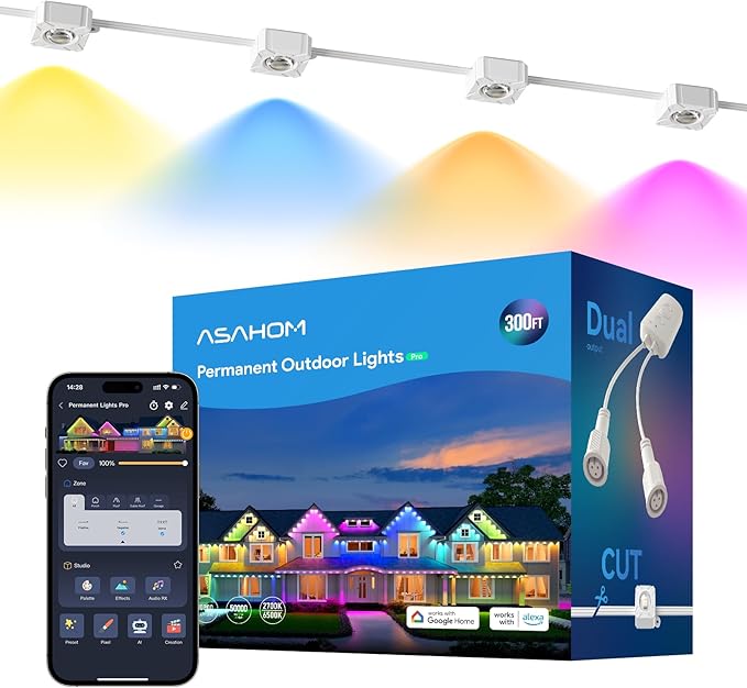 ASAHOM Permanent Outdoor Lights Pro S108E 300FT with 216 RGBCW LEDs WLED Integration AI Lighting 30000 Lighting Effect Combinations IP67 Waterproof for Halloween Christmas Daily Decor White