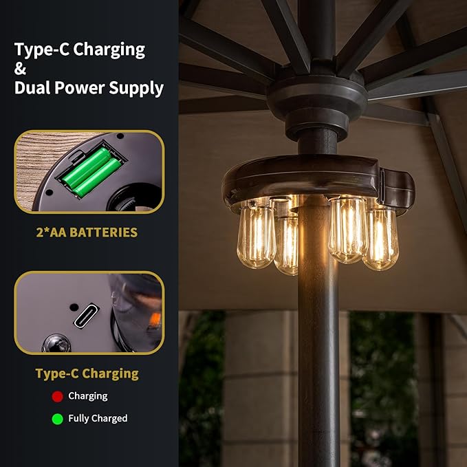 Patio Umbrella Light with Remote Control Rechargeable Cordless LED Edison Bulbs Pole Light with 10 Brightness Levels for Garden Patio Backyard Camping or BBQ - Brown (2 Pack)