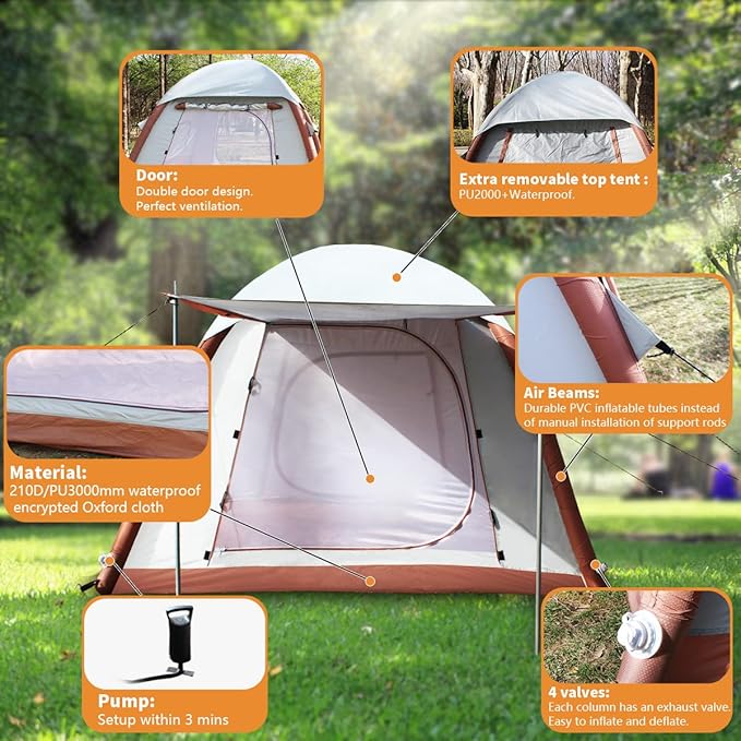 Upgrade Inflatable Camping Tent with Pump Easy Setup 4 Season Glamping Tent 2-4 Persons Waterproof Windproof Outdoor Self-Supporting Air Tent-7.8FT x 7.8FT x 5.6FT