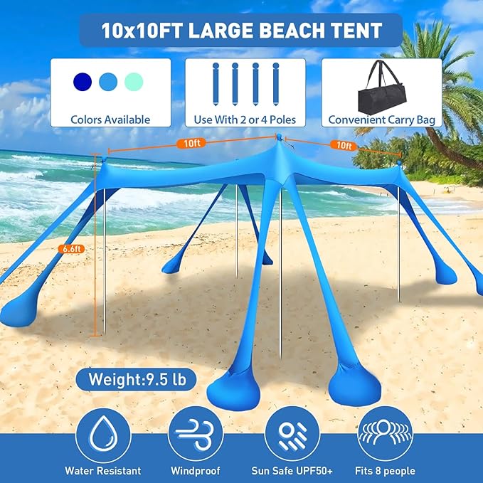 Beach Tent Sun Shelter 10x10ft Beach Canopy Easy Pop Up Sun Shade Portable UPF50+ with 8 Sandbags-2 Sand Shovel-4 Aluminum Poles-Ground Pegs for Outdoor Family Camping Fishing Backyard Picnic