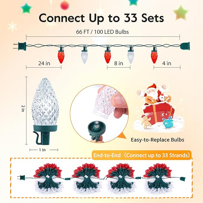 Brightown C9 LED Christmas String Lights 2 Pack Total 132ft 200LED Outdoor Lights String Plug-in Connectable Waterproof Roofline Lights String for Outside Yard Christmas Holiday Decor Red and White