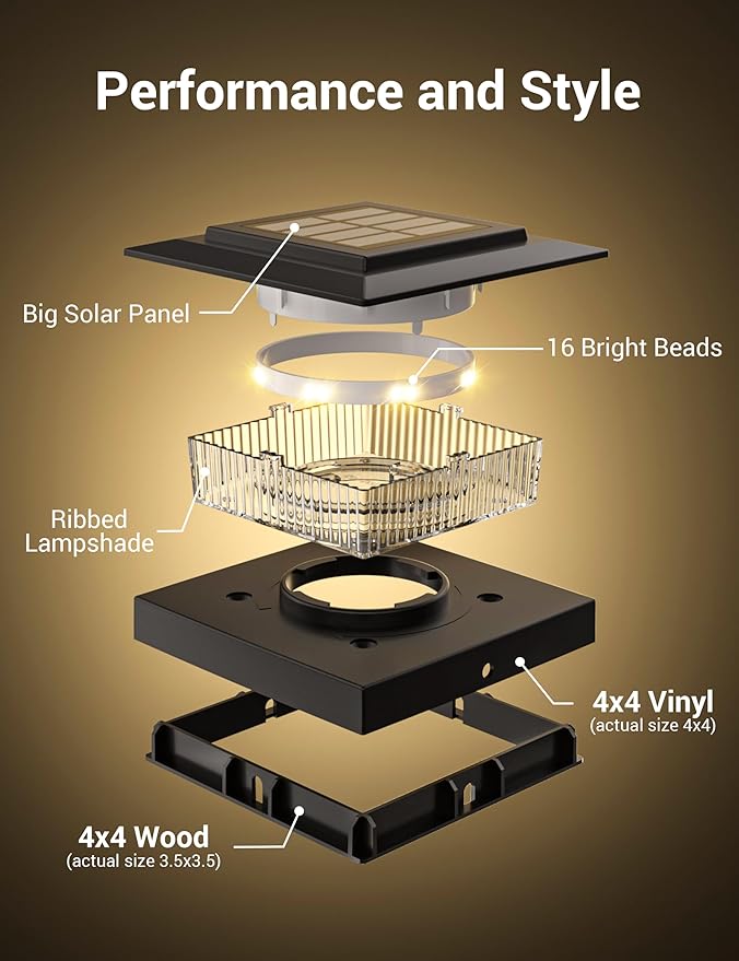 APONUO Solar Post Cap Lights for 4x4 Fence Posts IP64 Waterproof Outdoor LED Deck Lights with 2 Modes (Warm White &amp Cool White) Auto On/Off Dusk to Dawn Easy Install Black 16 Pack