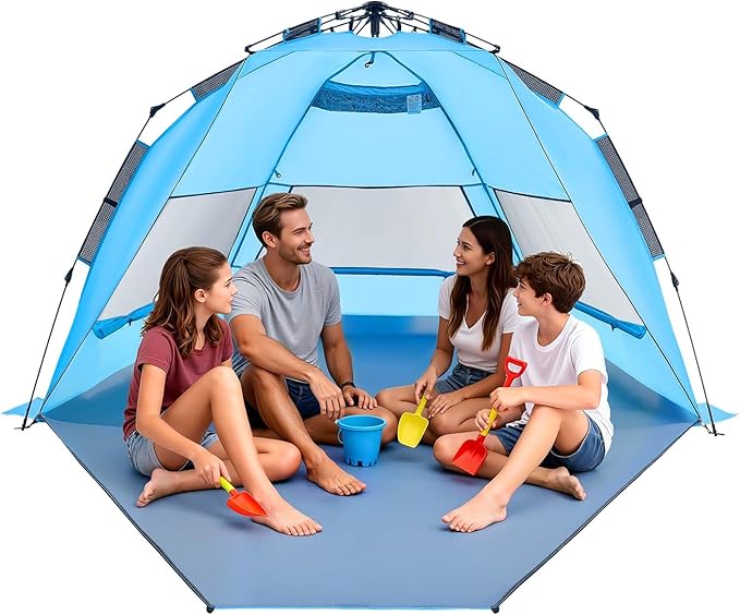VEVOR Beach Tent Sun Shelter for 4 Person Pop Up Beach Tent UPF 50+ Portable Sun Shade Beach with Carrying Bag and Sand Pockets Easy Setup Umbrella for Camping Fishing Outdoor Picnic