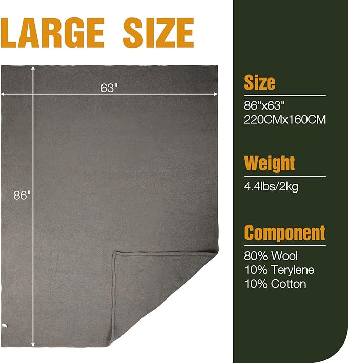 REDCAMP Wool Blanket Warm and Thick Wool Camping Blanket- Great for Outdoors Stadium Blanket Picnics Travel and Car Machine Washable 86x 63 Grey