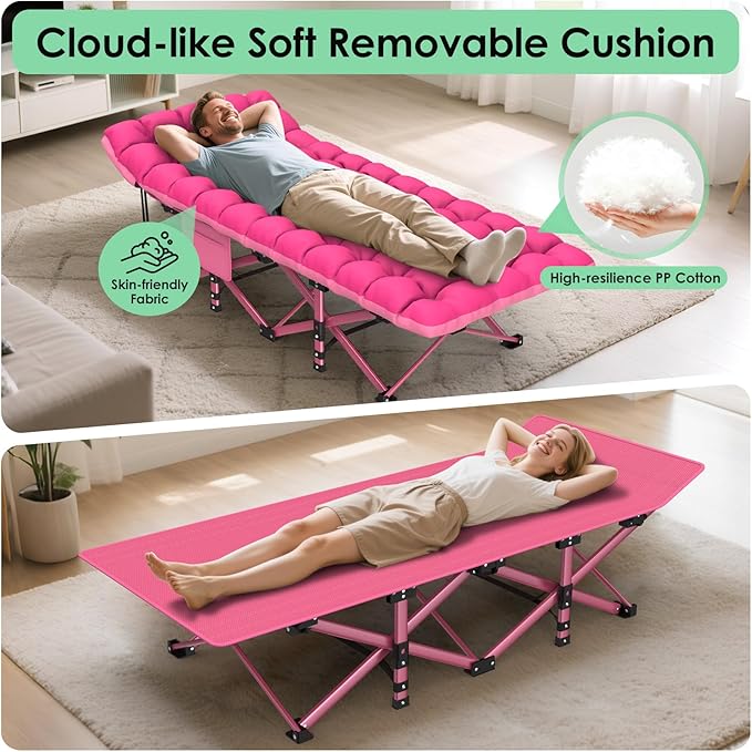 Suteck Camping Cot Folding Camping Cot Bed for Adults Sleeping 1200D Double Layer Oxford Portable Folding Outdoor Cots for Camping W/Soft Pad Carry Bag for Home Office Nap Beach Travel 500LBS