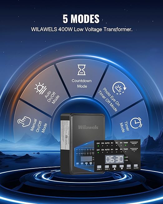 400W Low Voltage Landscape Transformer 2 Zone Independent Control 120VAC to 12/14V AC Low Voltage Transformer Landscape Lighting Transformer with Timer &amp Photocell Sensor ETL Listed D28LT06