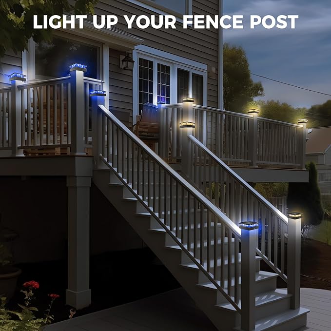 Peasur 4 Packs 4x4 Solar Post Lights Outdoor Blue &amp Warm White LED Fence Caps Light Waterproof Wood &amp Vinyl Post Top Lighting for Deck Mailbox Railing Porch Outside