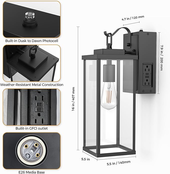 DORESshop Upgraded Dusk to Dawn Outdoor Wall Lights with GFCI Outlets 16 Inch Matte Black Waterproof Anti-Rust Outdoor Light Fixtures with Clear Glass Exterior Light Fixtures for Porch Garage ETL