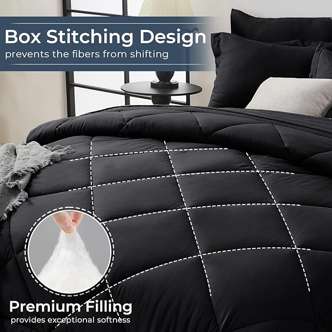 HEVUMYI Black 120x98 Oversized King Comforter Set - 7-Piece All Season Bed in a Bag Oversized King Ultra Soft Bedding Set with 120 x 98 Comforter Flat Sheet Fitted Sheet Pillowcases Pillow Shams