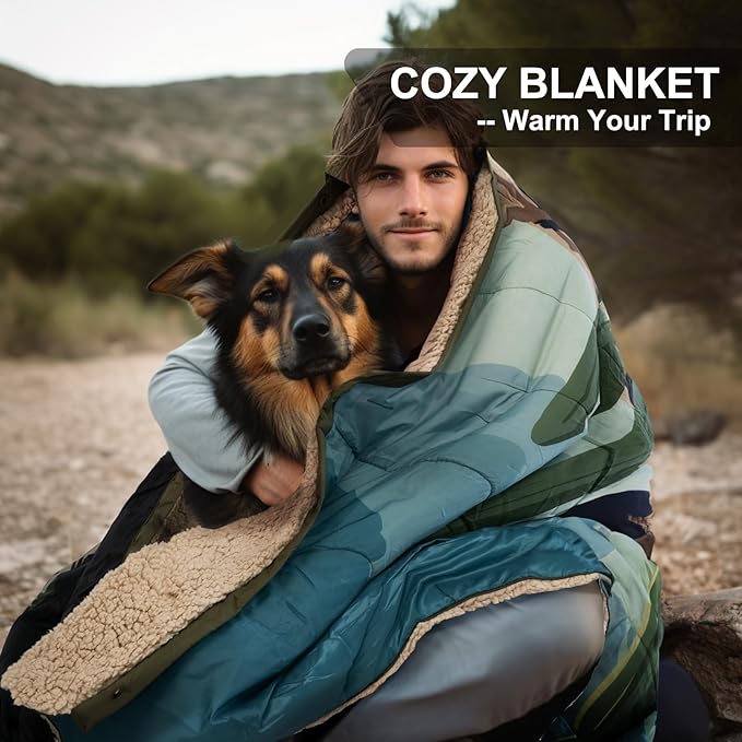 Outdoor Camping Blanket with Sherpa Lining Extra Warm Thick Camp Blankets and Puffy Ultralight Soft Poncho DWR Camping Quilt for Cold Weather Adventure Sleeping Backpacking 78x 56